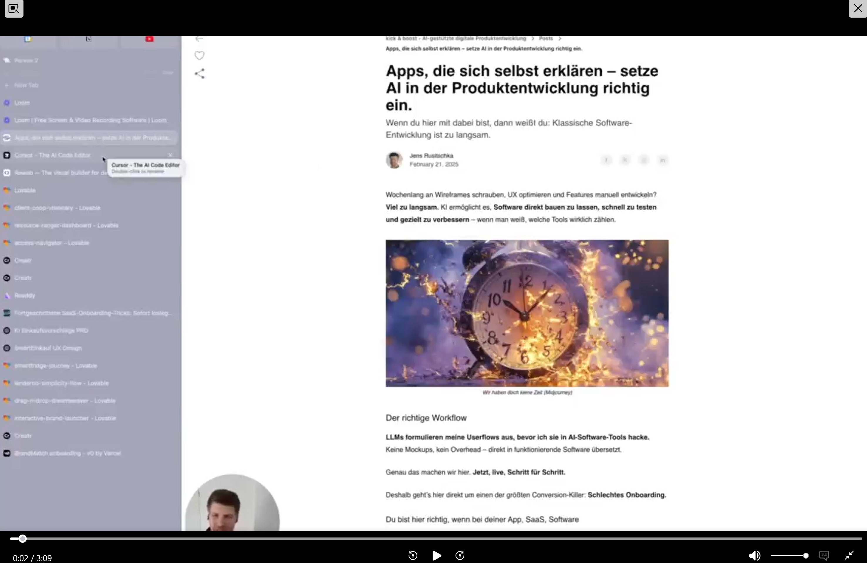 Screenshot eines Videos von Jens Rusitschka. Es zeigt die KI-gestützte Optimierung eines Software-Produkt-Workflows, anhand von geprompteten Best Practices und optimalen Texten.