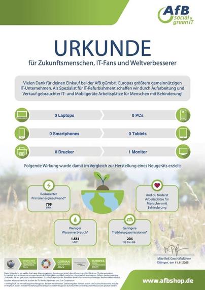 Urkunde, die das Einsparpotenzial von gebrauchter Hardware (hier 1 Monitor) darstellt. Die genauen Zahlen folgen im Thread